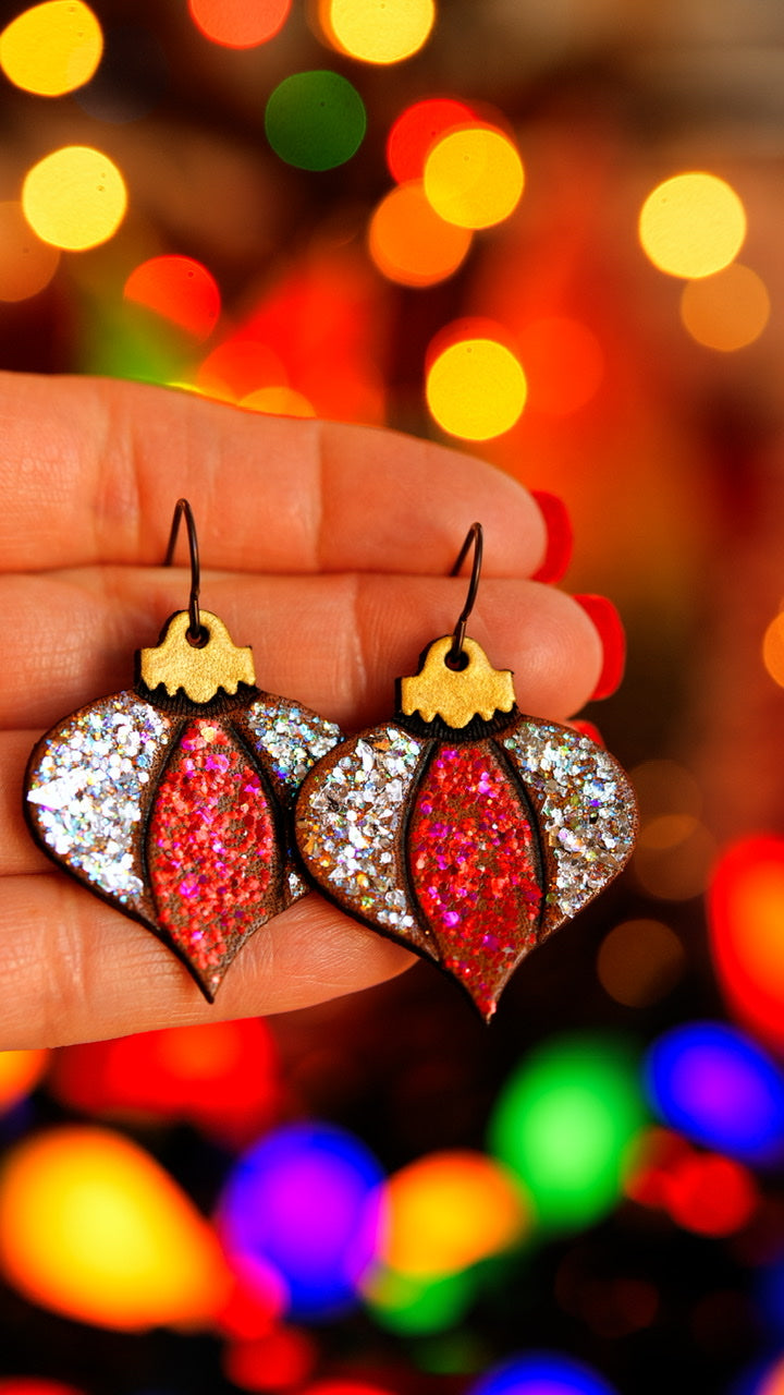 Glittery Silver and Red Striped Teardrop Ornament Earrings