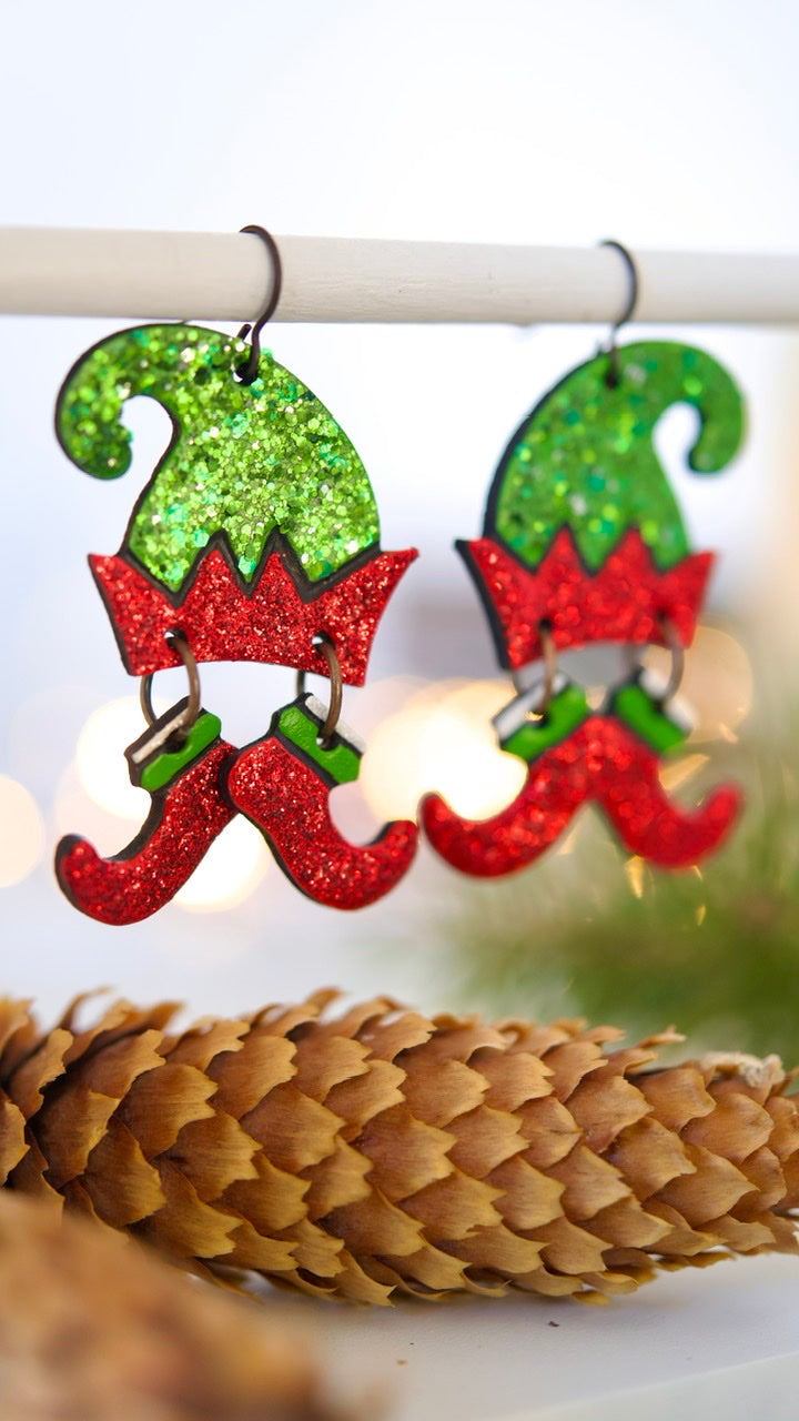Sparkly Red & Green Elf Earrings