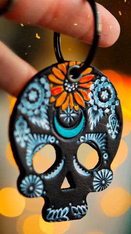 PREORDER Spiderwebs and Sunflowers Sugar Skull Key Fob