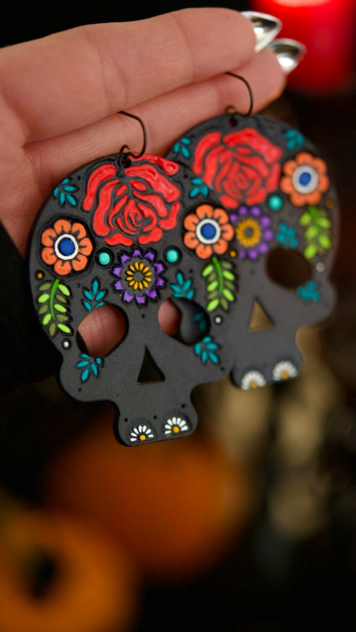 PREORDER  Connie - Red Rose and Wildflower Large Sugar Skull Earrings
