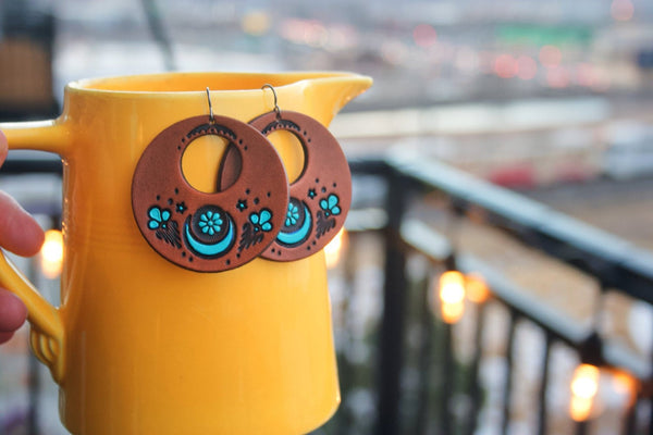 Turquoise Crescent Moon and Daisy Leather Earrings