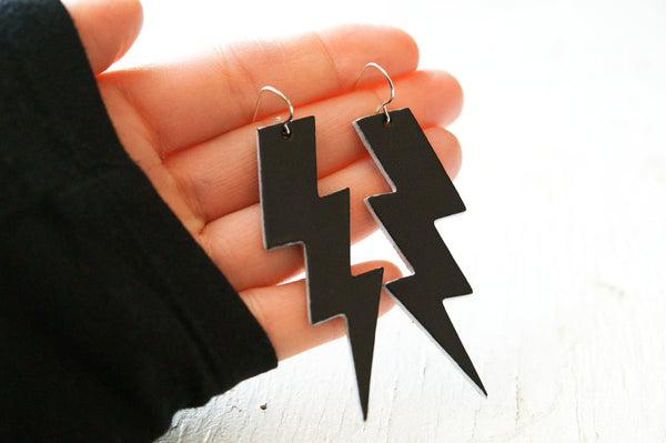 Rock ‘n Bolt Leather Earrings - Black and Silver