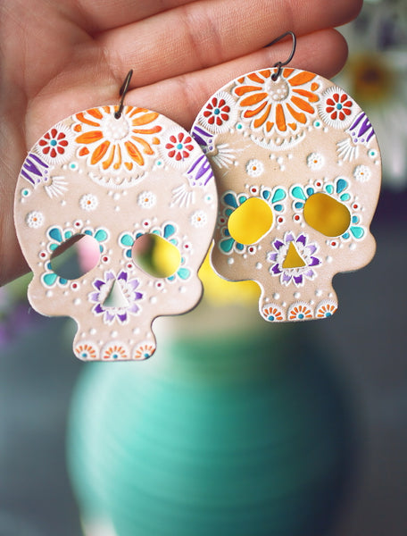White Sugar Skull with Sunflowers