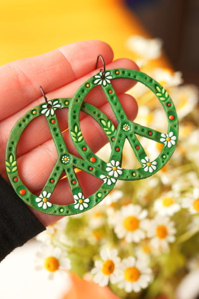 Spring Green Daisy Peace Sign Leather Earrings - Pick Your Size