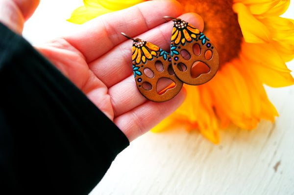 Sunflowers and Paw Prints Leather Earrings