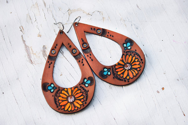 Teardrop Sunflower and Daisy Leather Earrings