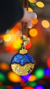 Jingle Bells on a Blue & Gold Sparkly Christmas Party Ornament