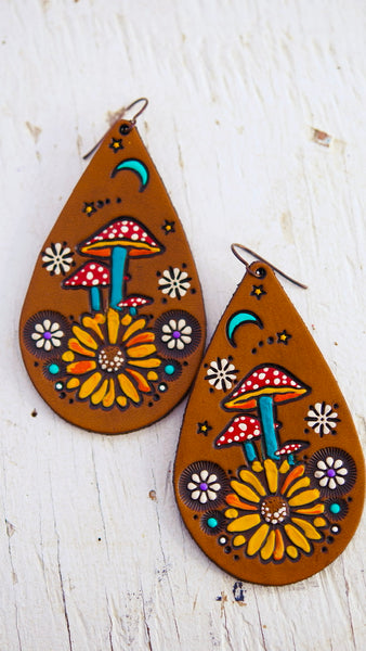 Mushroom, Sunflower, & Crescent Moon Teardrop Earrings