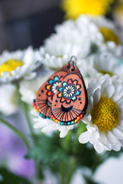 Desert Mandala Wildflower Beaded and Leather Earrings