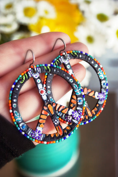 Rainbow Beaded Black Peace Sign Earrings