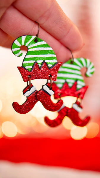 Green & White Stripe Elf Earrings