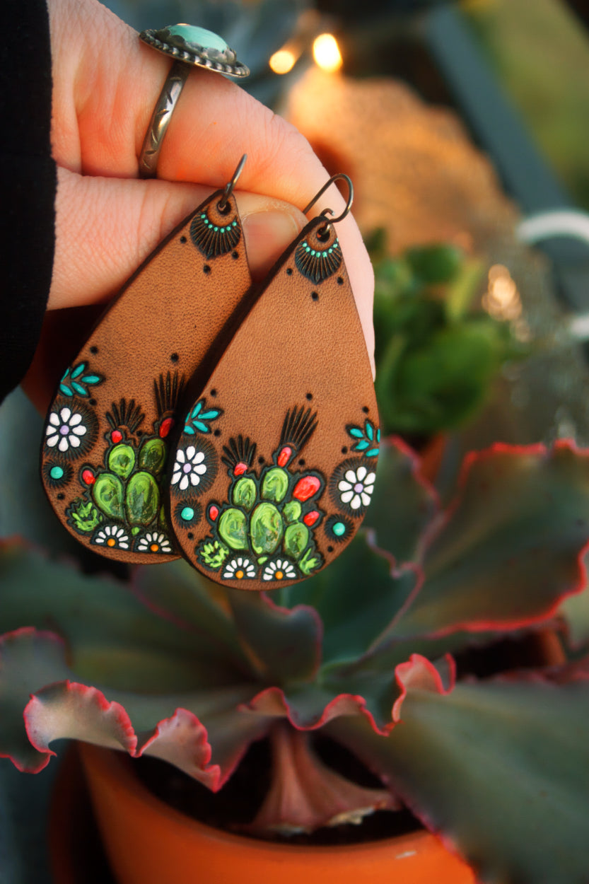 Teardrop Cacti and Daisies Leather Earrings