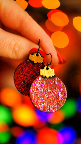 Glittery Red Sparkly Ball Ornament Earrings