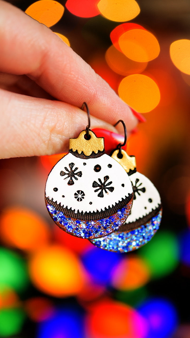 Snow Globe Sparkly Blue Ornament Earrings