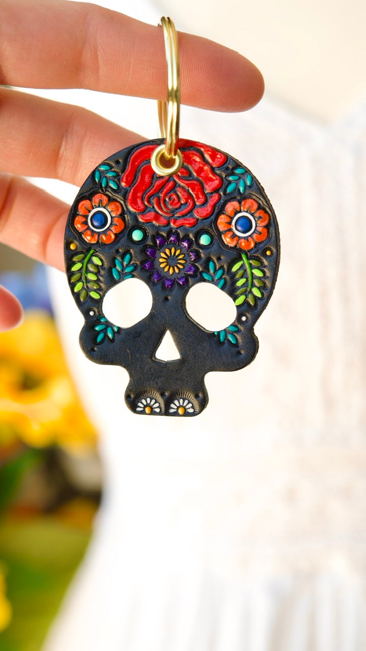 PREORDER Connie - Red Rose and Wildflower Sugar Skull Key Fob