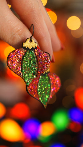 Sparkly Red & Green Striped Teardrop Ornament Earrings