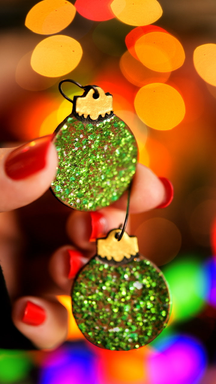 Glittering Green Sparkly Ball Ornament Earrings