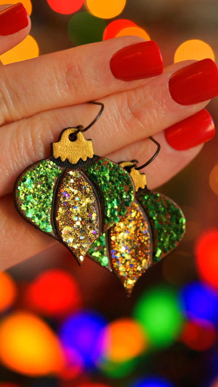 Green & Gold Sparkly Teardrop Ornament Earrings