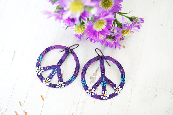 Purple Peace Sign Leather Earrings - Pick Your Size