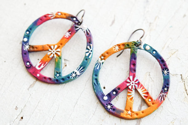 Galaxy Tie Dye Peace Sign Leather Earrings - Pick Your Size
