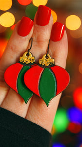 Red & Green Striped Teardrop Ornament Earrings