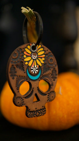 PREORDER Spiderwebs and Sunflowers Brown Sugar Skull Key Fob