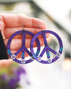 Purple Peace Sign Leather Earrings - Pick Your Size