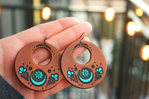 Turquoise Crescent Moon and Daisy Leather Earrings