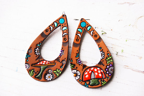 Moon Phase and Toadstool Leather Teardrop Earrings
