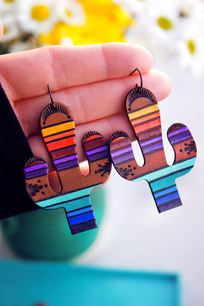 Sonoran Sunset Saguaros handpainted leather earrings