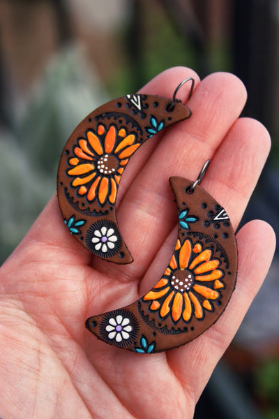 Sunflower Crescent Moon Earrings - Choose Your Size