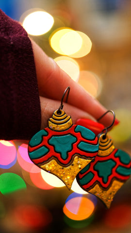 Glitter Gold, Red, and Turquoise Teardrop Ornament Earrings