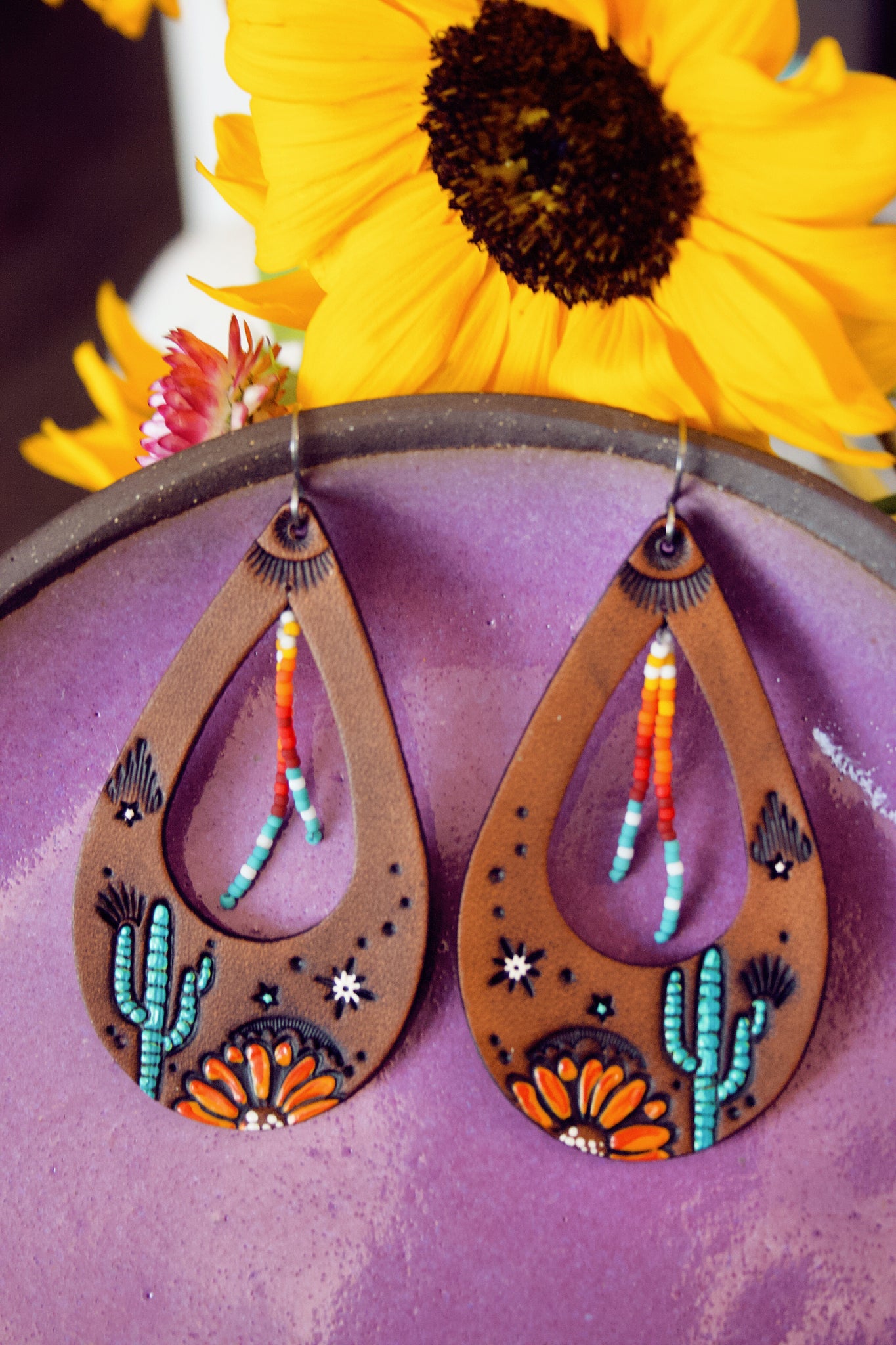 Desert Nights Leather and Beaded Teardrop Earrings