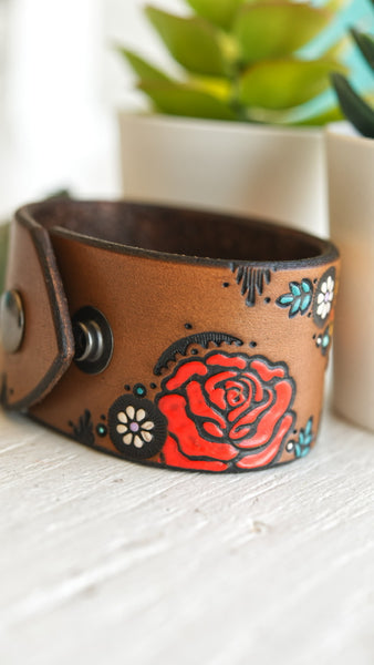 Rose & Sunflower Leather Cuff