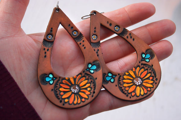 Teardrop Sunflower and Daisy Leather Earrings