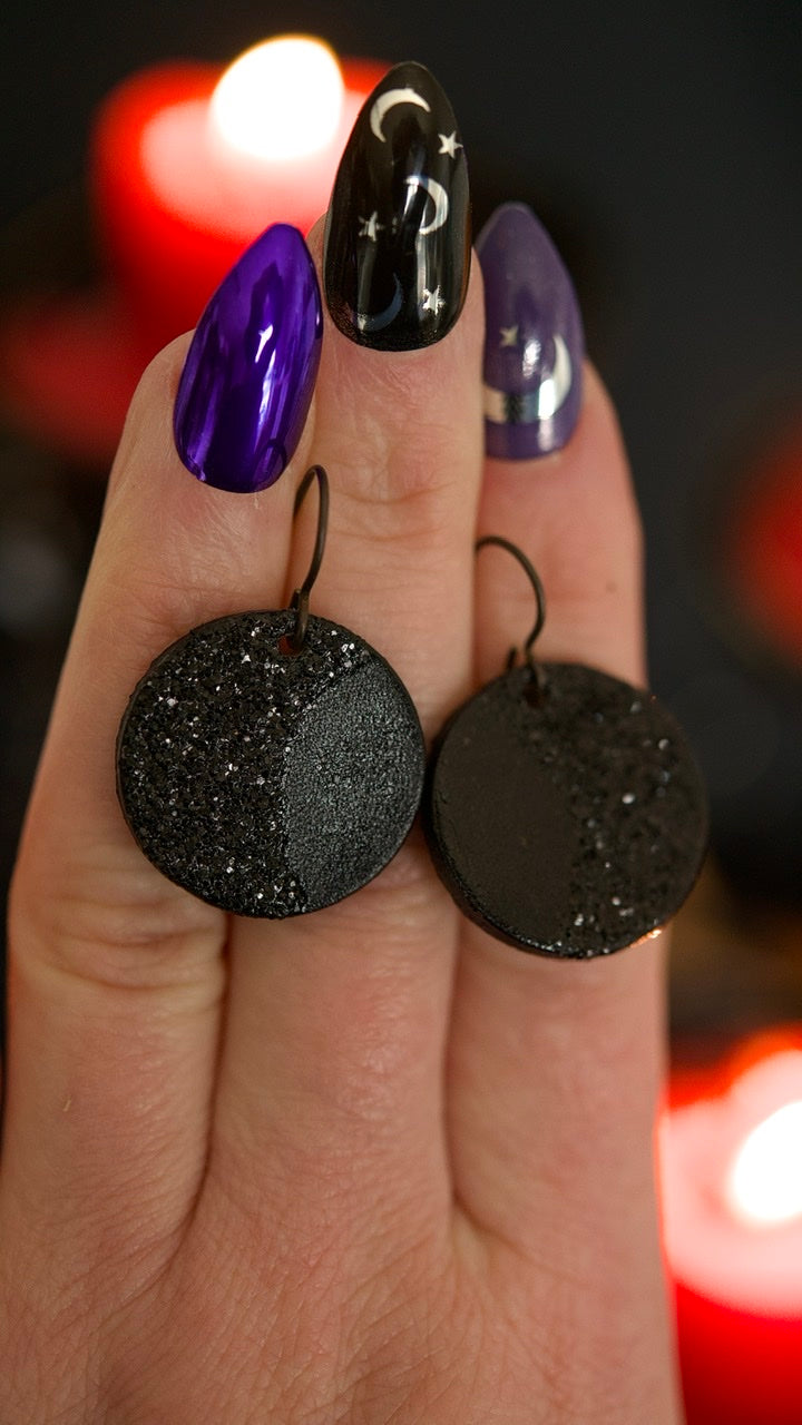 PREORDER Eclipse - Black Crystal Glitter Mini Moon Earrings