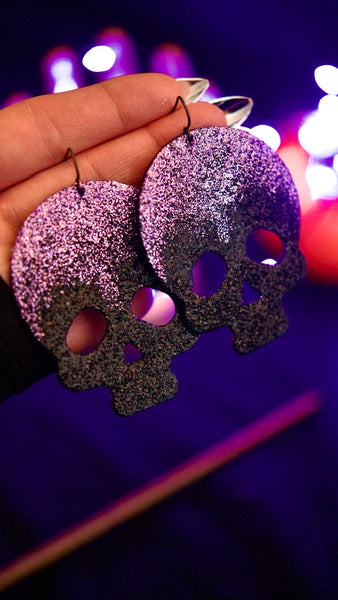 PREORDER Lilac Dusted Black Crystal LARGE Skull Earrings