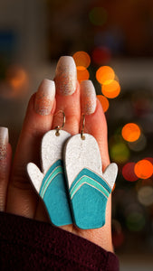 Glittery White & Turquoise 80s Ski Mitten Earrings