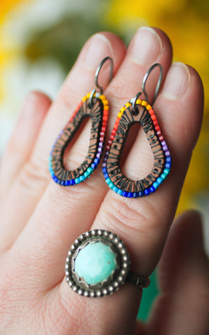 Color Wheel Teardrop beaded and leather earrings