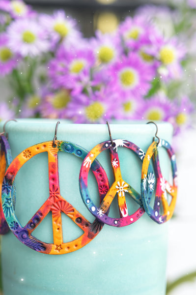 Galaxy Tie Dye Peace Sign Leather Earrings - Pick Your Size