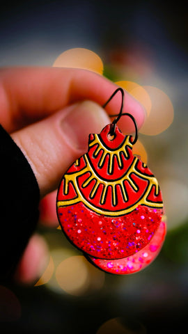 Glittery Red & Gold Art Deco Ball Ornament Earrings