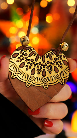 Gold Jingle Bell Heart Leather Christmas Ornament