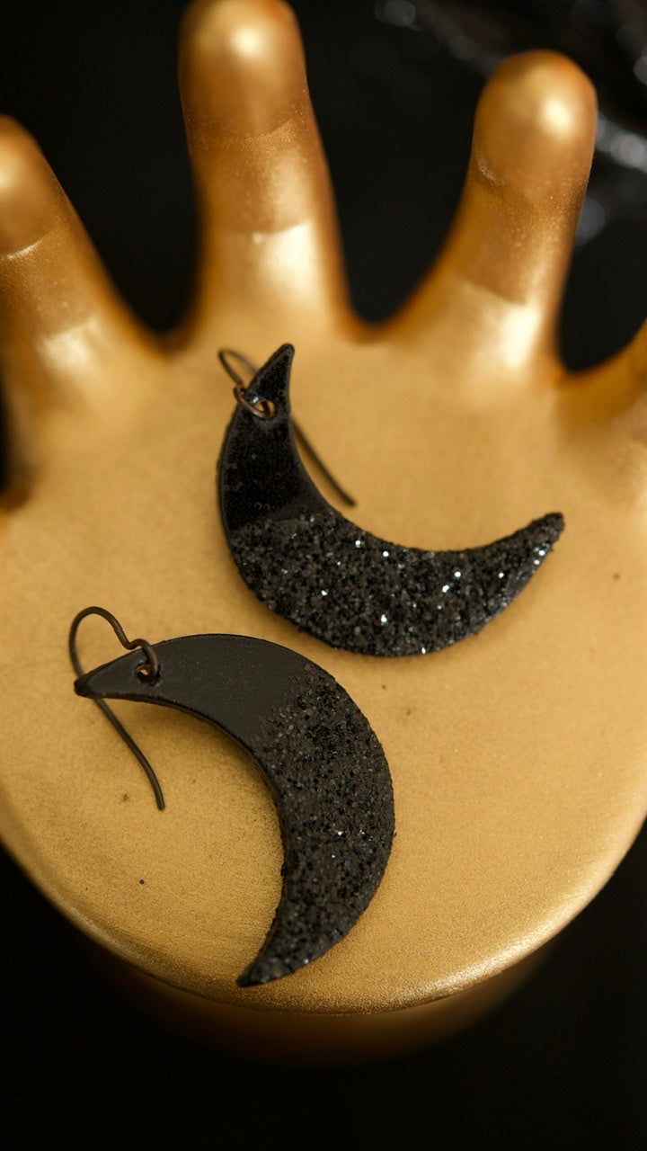 PREORDER Lil' Dippers - Black Crystal Glitter Medium Crescent Moon Earrings