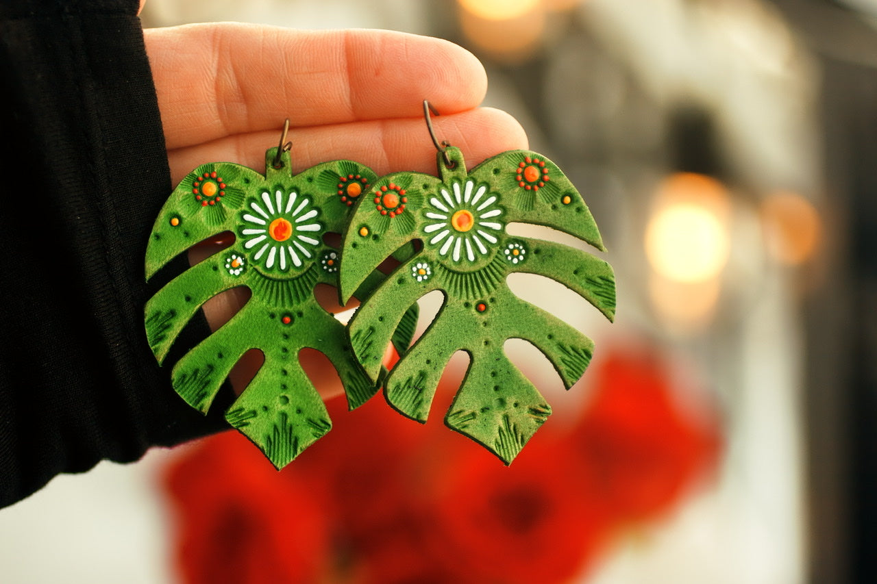 Monstera and Daisy Leather Earrings