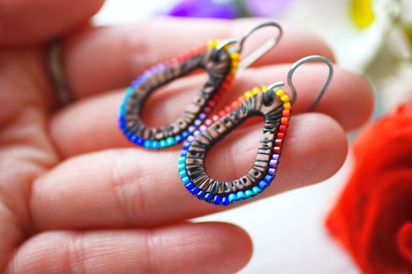 Color Wheel Teardrop beaded and leather earrings