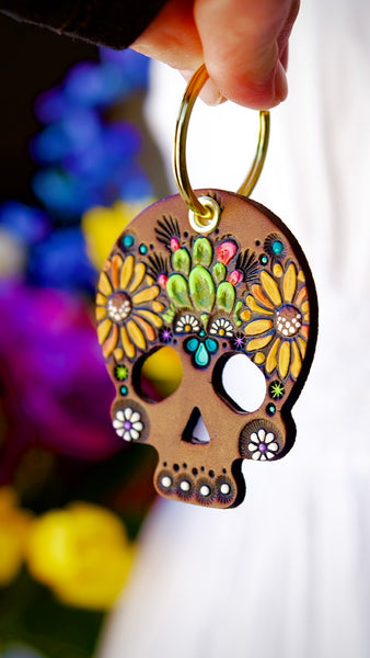 Sunflower and Prickly Pear Cactus Sugar Skull Keychain