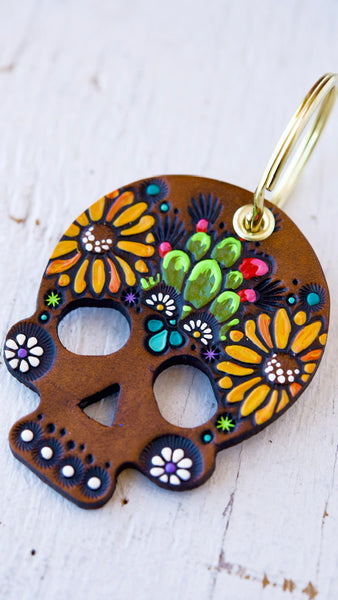 Sunflower and Prickly Pear Cactus Sugar Skull Keychain