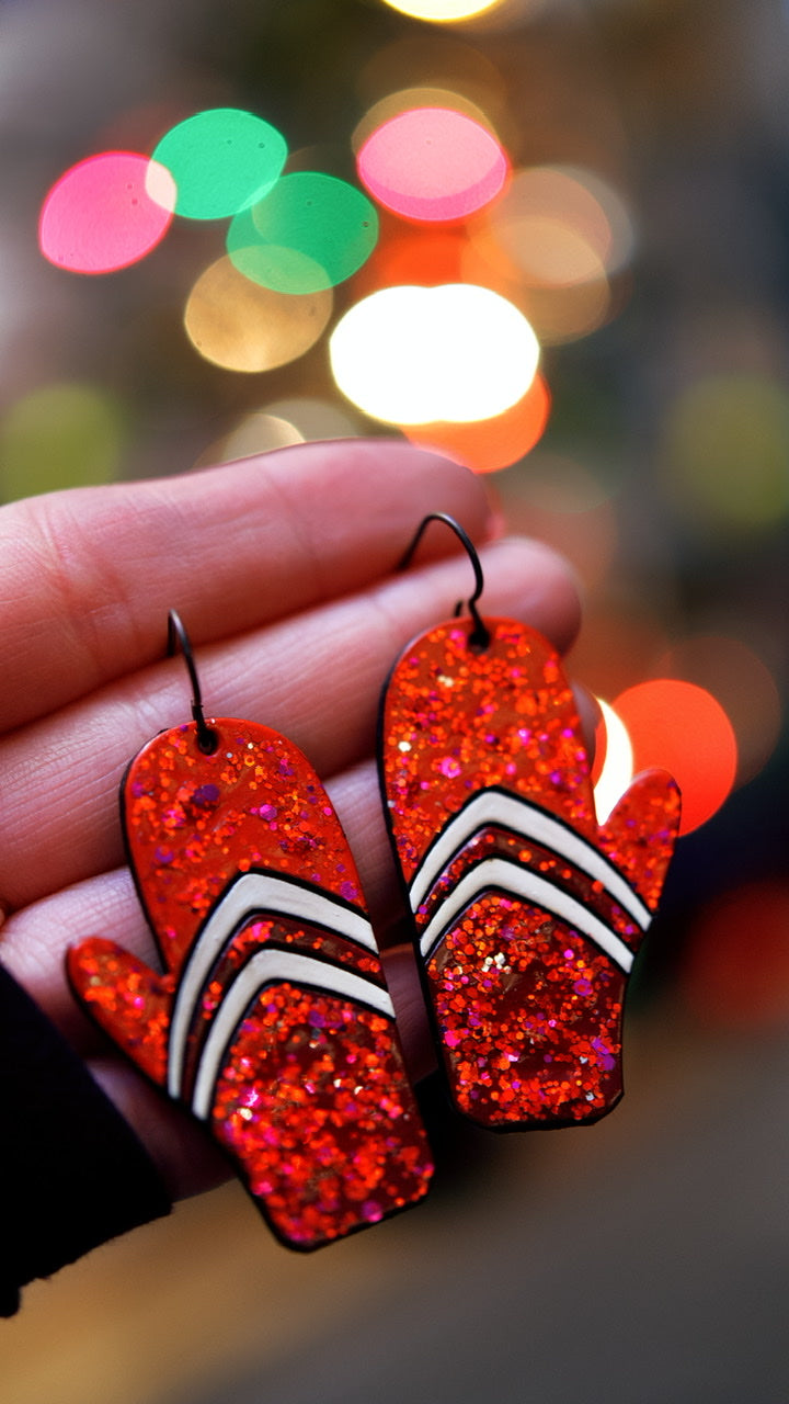 Glittery Red & White Retro 70s Striped Mitten Earrings