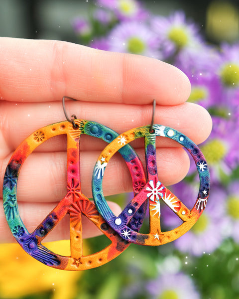 Galaxy Tie Dye Peace Sign Leather Earrings - Pick Your Size