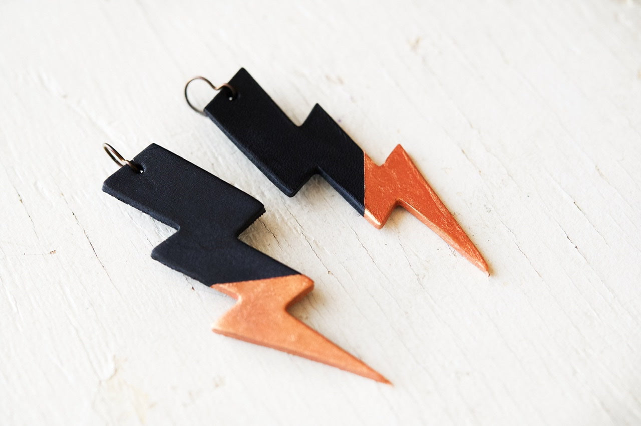 Rock ‘n Bolt Leather Earrings - Black and Rose Gold